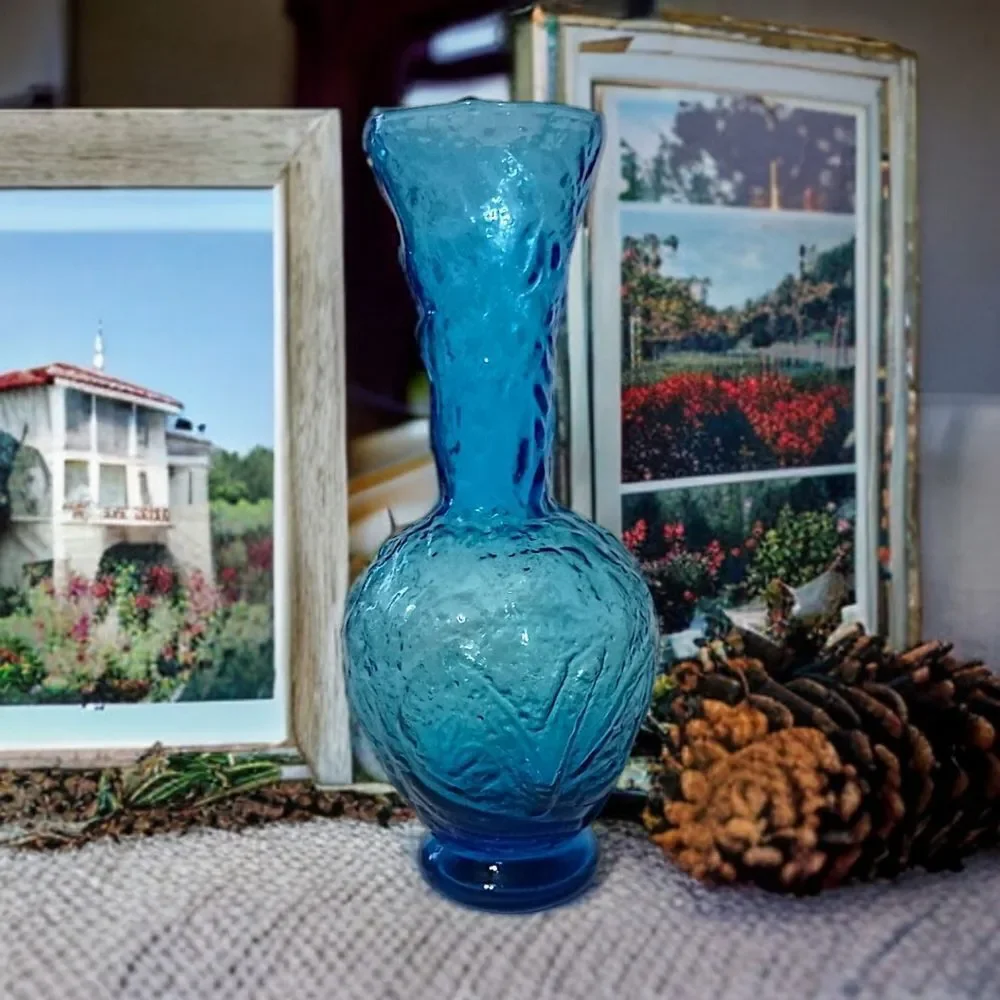 Empoli Glass Embossed Vase‎ Flared Blue Textured Italian Ikebana MCM Abstract